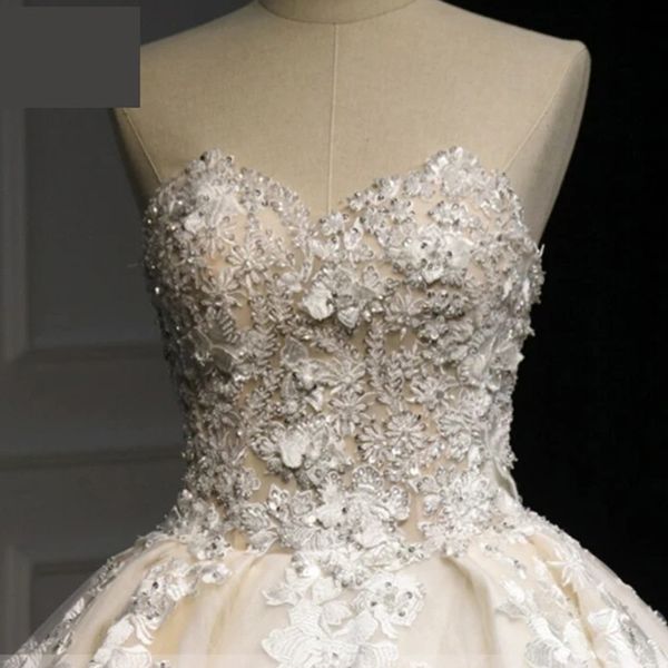 applique lace strapless ball gown wedding dresses sweep train plus size modern beading bridal dress, White
applique lace strapless ball gown wedding dresses sweep train plus size modern beading bridal dress, White