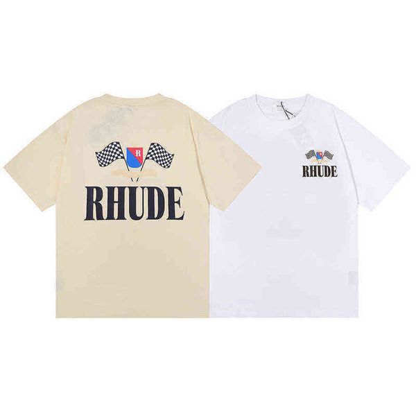 rhude 2022 summer versatile flag printed t-shirt men's fashion t-shirt high quality, White;black