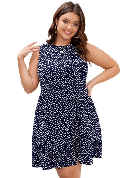 plus ditsy floral print dress z12r#, Black