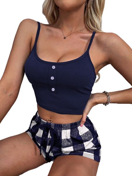 button front cami and buffalo plaid shorts pj set m7gm#, Black;red