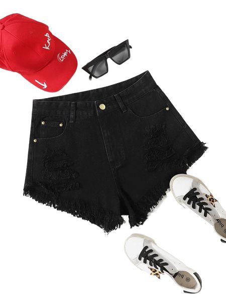 destroyed fray hem denim shorts 487m#, White;black