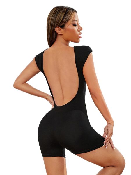 petite backless solid unitard romper f7pi#, Black;white