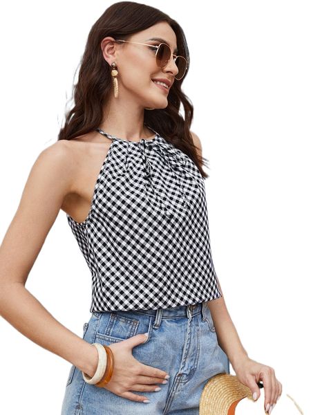 gingham print tie front halter w8xk#, White