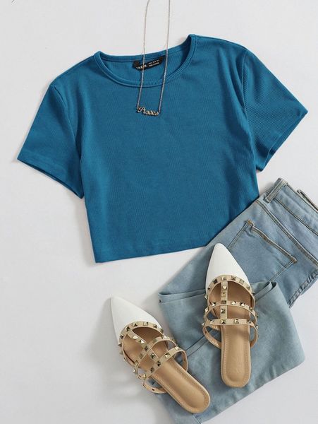 solid rib knit crop tee k41r#, White