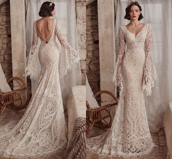 mermaid boho wedding dress v neck backless long flare sleeve lace appliqued beach country bridal gown vestido de novia, White
mermaid boho wedding dress v neck backless long flare sleeve lace appliqued beach country bridal gown vestido de novia, White