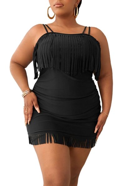 plus fringe ruched bikini swimsuit c3eb#, White;black
plus fringe ruched bikini swimsuit c3eb#, White;black