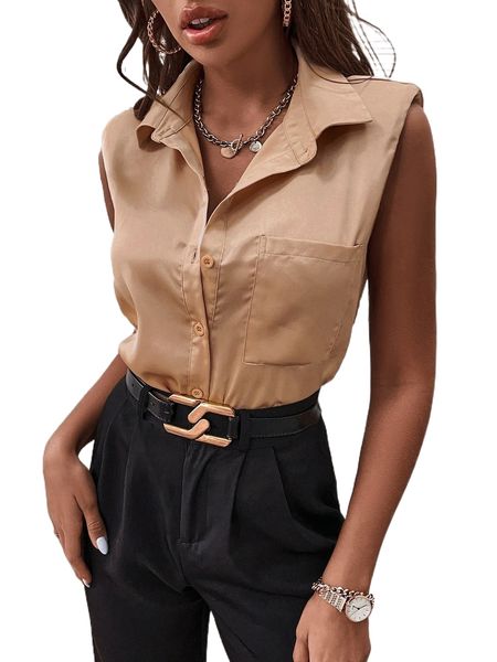 shoulder pad button up sleeveless blouse w9di#, White
shoulder pad button up sleeveless blouse w9di#, White