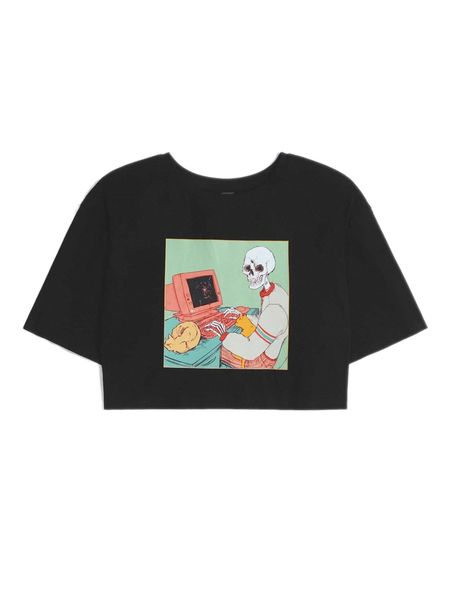 x ungfio computer & skeleton print crop tee 48ow#, White 
x ungfio computer & skeleton print crop tee 48ow#, White