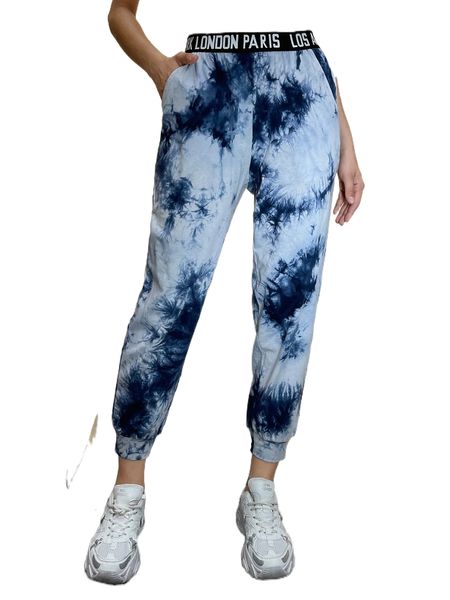 letter tape waist tie dye sweatpants a40j#, Black;white 
letter tape waist tie dye sweatpants a40j#, Black;white