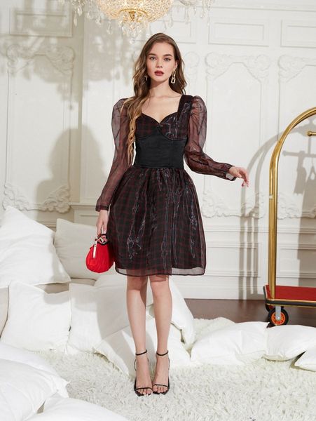 x clark jean sartorio plaid print sweetheart neck puff sleeve organza dress t9rt#, Black;gray
x clark jean sartorio plaid print sweetheart neck puff sleeve organza dress t9rt#, Black;gray