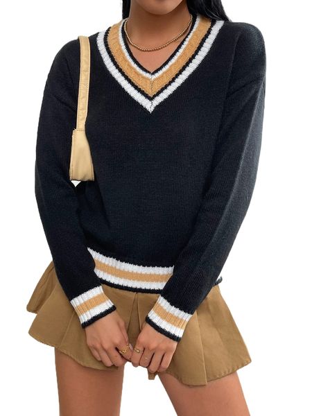 striped v neck sweater a1ev#, White;black