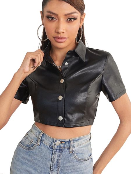 petite solid pu leather crop blouse j25u#, White
petite solid pu leather crop blouse j25u#, White
