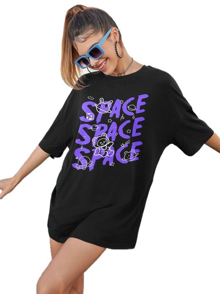 letter & cartoon graphic drop shoulder tee t7yw#, White