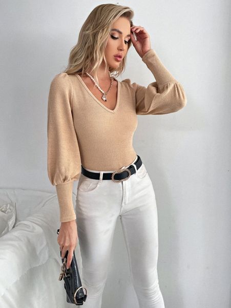 lantern sleeve ribbed knit sweater f44z#, White;black