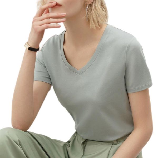 station summer new short sleeve womens t-shirt mercerized cotton v-neck t-shirts european and american women wear, White