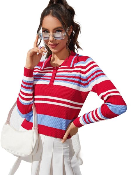 striped colorblock half button placket sweater d0i8#, White;black
striped colorblock half button placket sweater d0i8#, White;black