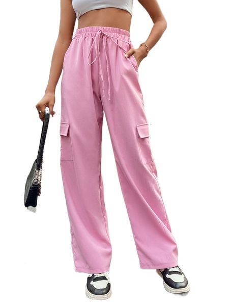 tie waist flap pocket cargo pants b3eu#, Black;white