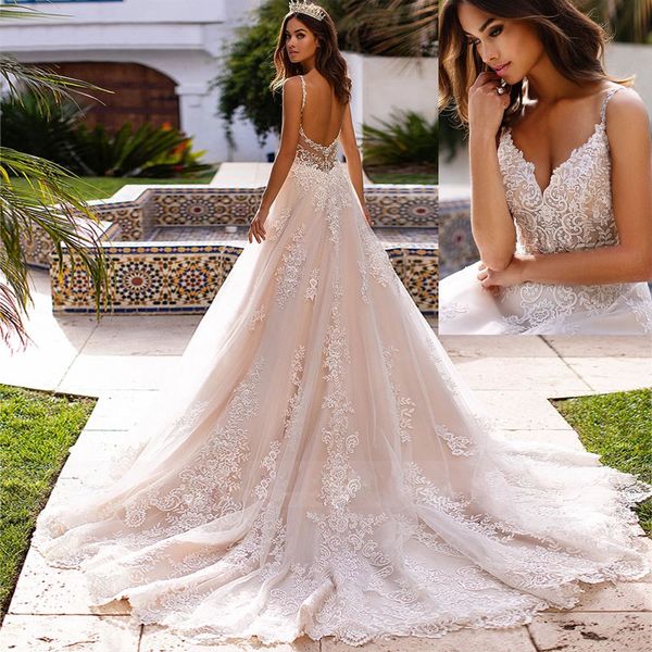 a line lace wedding dress elegant appliques beaded spaghetti straps bride gowns plus size, White
a line lace wedding dress elegant appliques beaded spaghetti straps bride gowns plus size, White