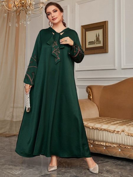 plus tie neck plant embroidery dress f7c6#, Black 
plus tie neck plant embroidery dress f7c6#, Black