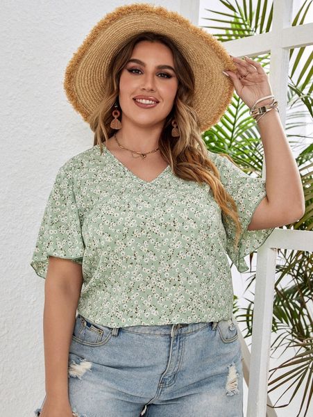 plus ditsy floral blouse 35jb#, Black