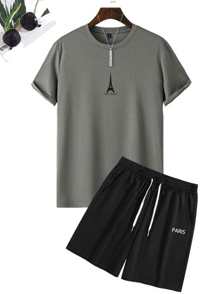 men tower & letter graphic tee & drawstring waist shorts h4gf#, Gray
men tower & letter graphic tee & drawstring waist shorts h4gf#, Gray