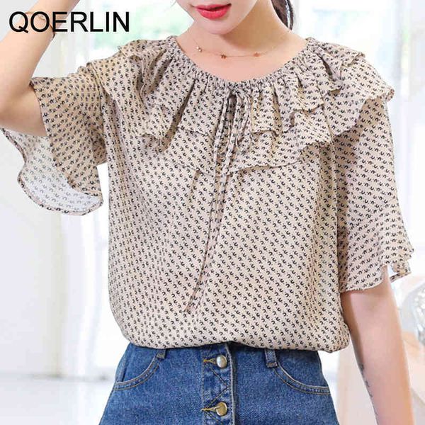 qoerlin plus size women blouse korean casual streetwear slash neck half sleeve printed ruffles printed shirts girly 210412, White 
qoerlin plus size women blouse korean casual streetwear slash neck half sleeve printed ruffles printed shirts girly 210412, White