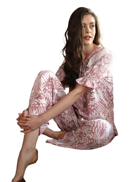 tropical print tie neck ruffle trim pj set v9ed#, Black;red 
tropical print tie neck ruffle trim pj set v9ed#, Black;red