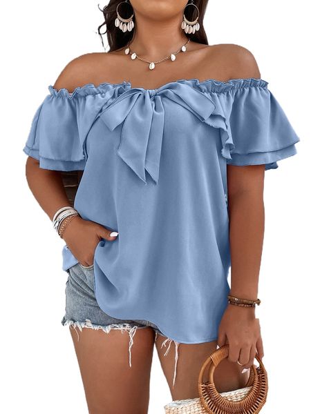 plus off-shoulder tie front frill trim blouse 45ev#, Black
plus off-shoulder tie front frill trim blouse 45ev#, Black