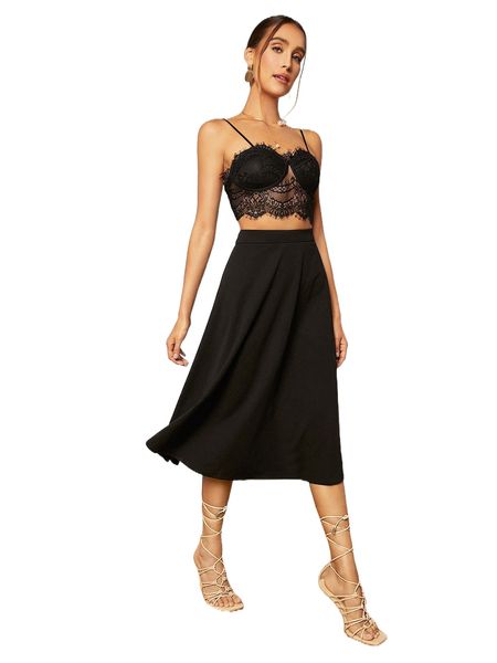 solid high waist skirt f4ve#, Black