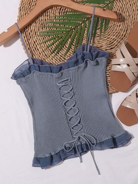 lace up knot mesh frill trim rib-knit h2h6#, White;black