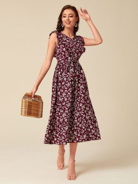 allover floral print ruffle trim belted dress h034#, Black;gray