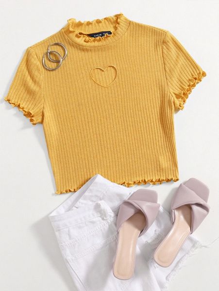 heart cutout detail lettuce trim tee k6o4#, White