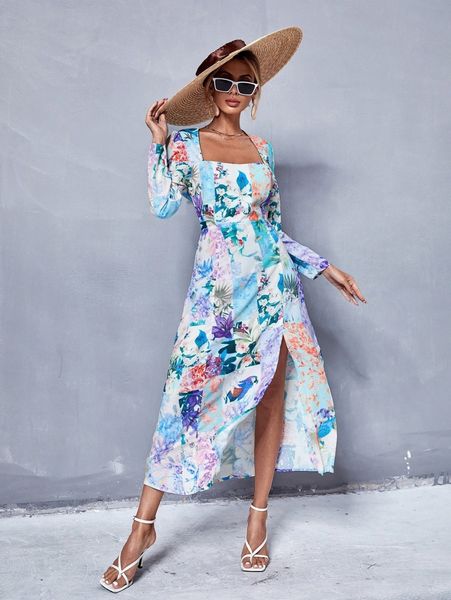 floral patchwork square neck dress 97yn#, Black;gray 
floral patchwork square neck dress 97yn#, Black;gray