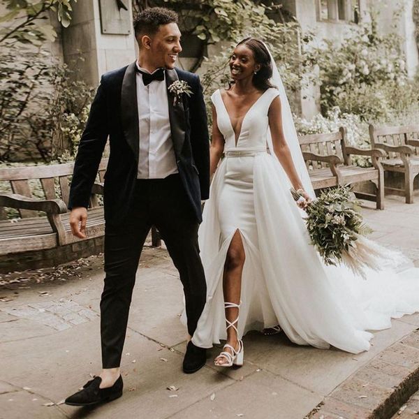 deep v neck mermaid wedding dresses with detachable train front split long special party bride formal occasion gowns for women, White
deep v neck mermaid wedding dresses with detachable train front split long special party bride formal occasion gowns for women, White