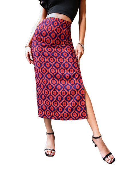 allover print high waist split skirt p1j7#, Black