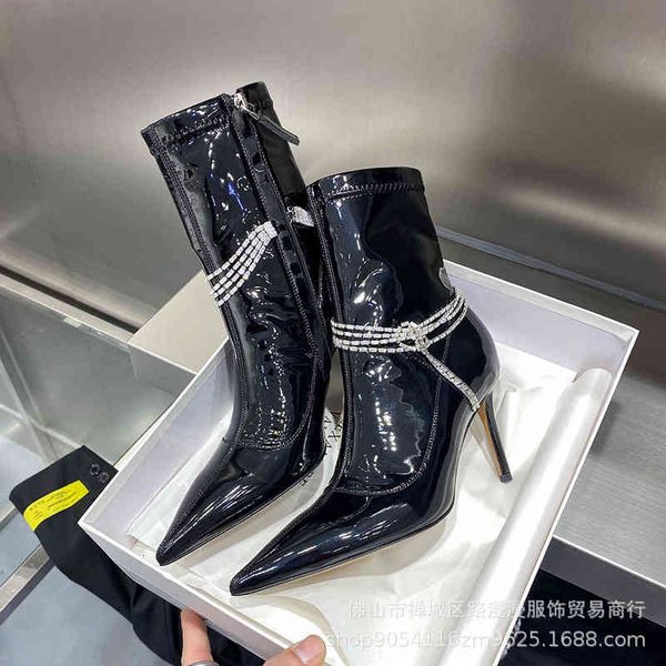 boots autumn and winter lacquered crystal chain elastic high-heeled boots women's pointed side zipper middle tube thin heel short, Black
boots autumn and winter lacquered crystal chain elastic high-heeled boots women's pointed side zipper middle tube thin heel short, Black