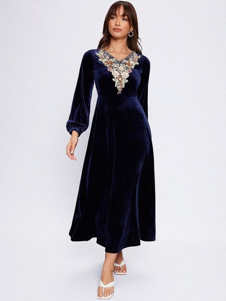 floral applique neck velvet dress 505a#, Black;gray
floral applique neck velvet dress 505a#, Black;gray