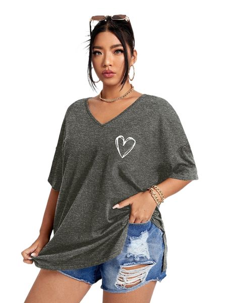 plus heart print drop shoulder tee v5er#, Black