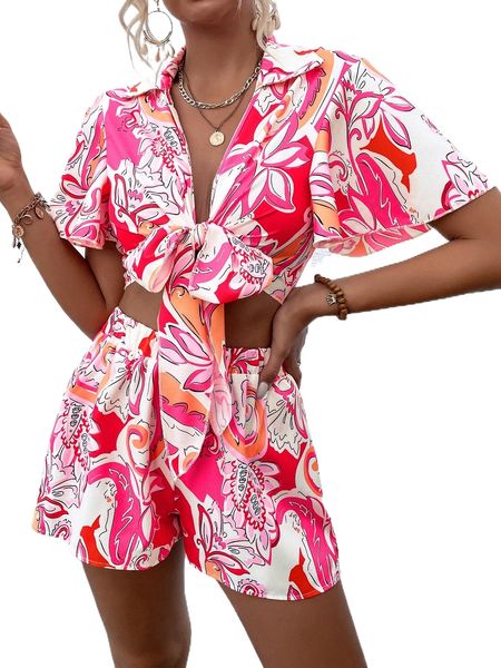 paisley & floral print tie front flutter sleeve blouse & shorts r8rg#, White