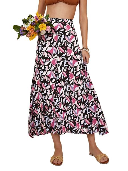 rusttydustty allover plants print flared skirt q4ex#, Black