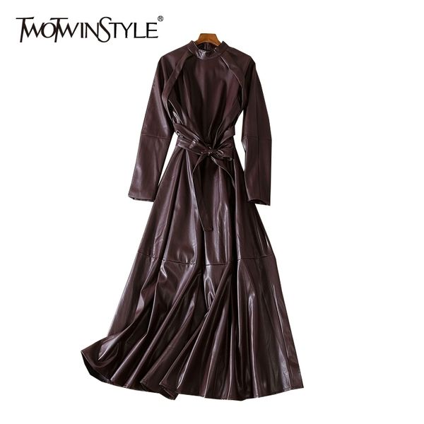 twotwinstyle leather autumn dress women stand collar long sleeve high waist lace up solid midi dresses female fashion new y200102, White;black
twotwinstyle leather autumn dress women stand collar long sleeve high waist lace up solid midi dresses female fashion new y200102, White;black