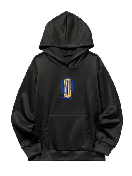 slogan graphic thermal lined hoodie g2qr#, Black
