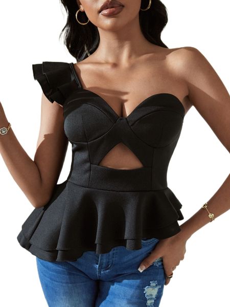 one shoulder ruffle trim cut out peplum j98s#, White