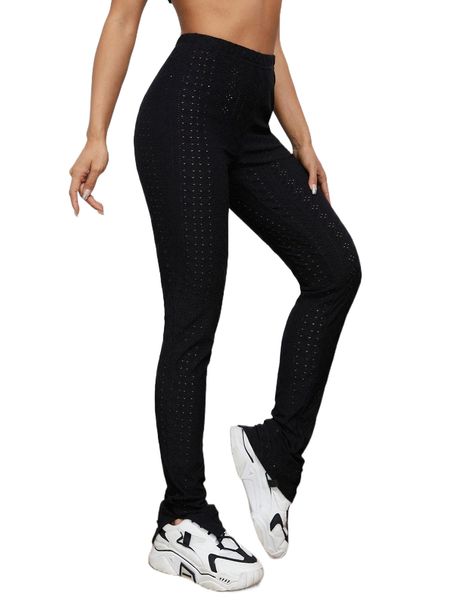 solid high waist slit hem pants p2f3#, Black;white 
solid high waist slit hem pants p2f3#, Black;white