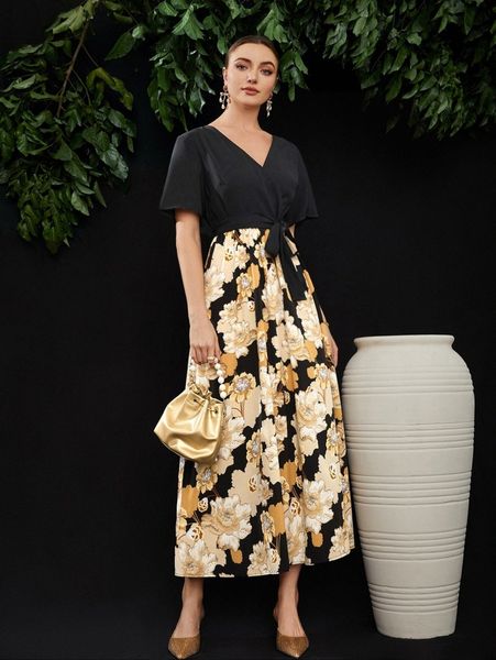 floral print surplice neck belted dress x7vp#, Black;gray
floral print surplice neck belted dress x7vp#, Black;gray