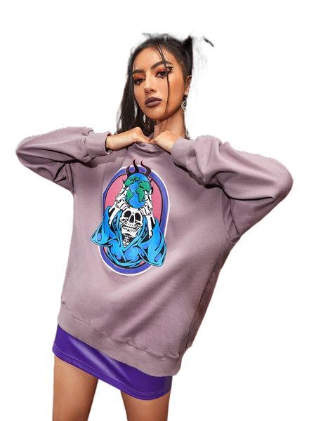 x tedcreation skeleton print drop shoulder hoodie d2gl#, Black