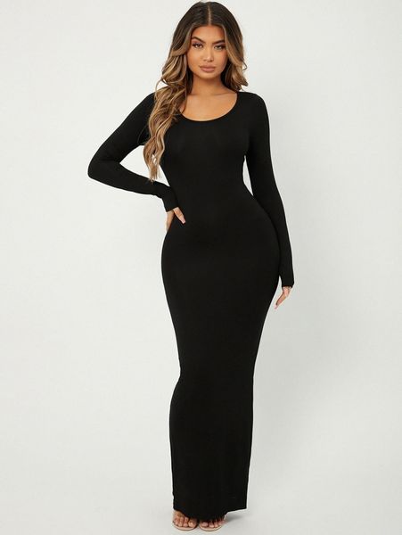 sxy solid maxi bodycon dress h81g#, Black;gray