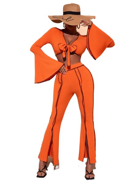 stitching knot front flounce sleeve crop & split hem flare leg pants r9qb#, White
stitching knot front flounce sleeve crop & split hem flare leg pants r9qb#, White