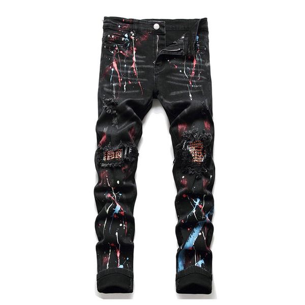 men's jeans hip hop splatter printed jean trousers slim fit ripped denim pants for male stretch black color, Blue
men's jeans hip hop splatter printed jean trousers slim fit ripped denim pants for male stretch black color, Blue