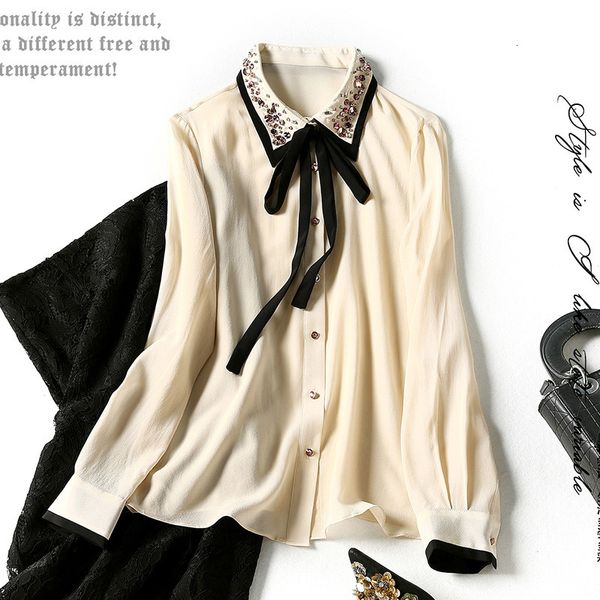 women's blouses & shirts spring cardigan long sleeve temperament lapel lace up single row button mulberry silk splicing shirt women, White
women's blouses & shirts spring cardigan long sleeve temperament lapel lace up single row button mulberry silk splicing shirt women, White